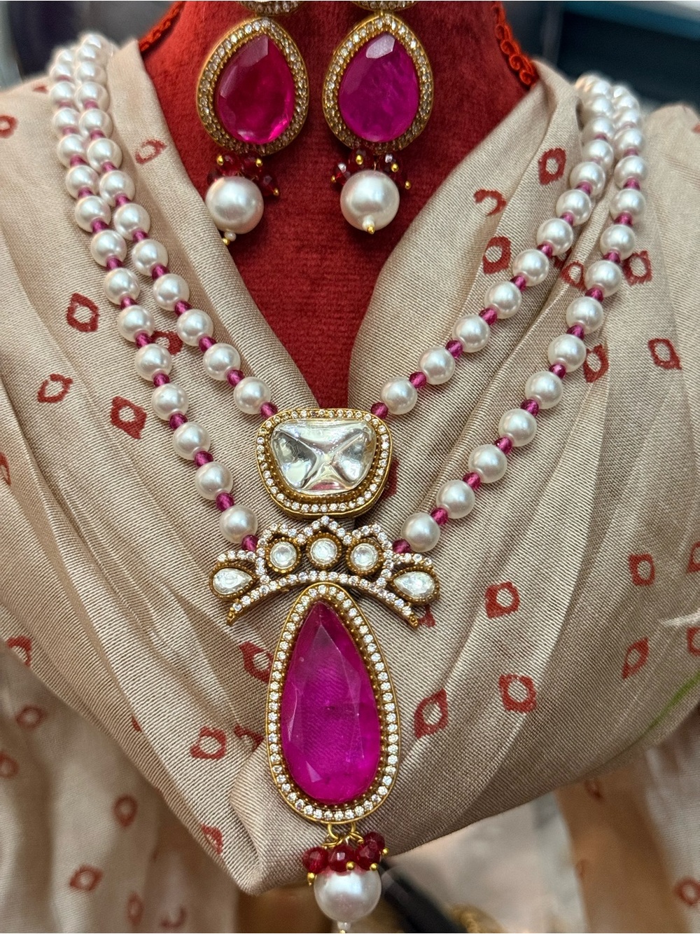 Elegant Pink Pearl Indian Kundan Necklace Set